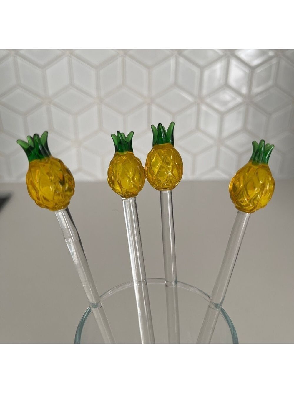 CRATE & BARREL Set of 4 Glass Pineapple Swizzle Sticks Cocktails Barware Tiki - Picture 8 of 12